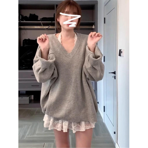 灰色慵懶風V領針織衫毛衣女早秋新款韓系寬松顯瘦高級感長袖上衣