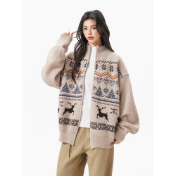 費爾島提花開衫毛衣女男秋冬季復古撞色拉鍊針織衫松弛感休閒外套