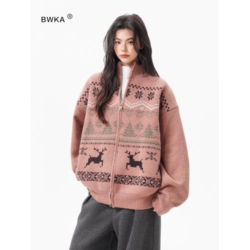 費爾島提花開衫毛衣女男秋冬季復古撞色拉鍊針織衫松弛感休閒外套