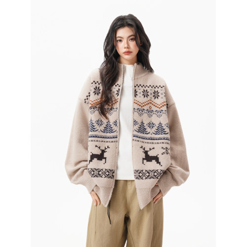 費爾島提花開衫毛衣女男秋冬季復古撞色拉鍊針織衫松弛感休閒外套