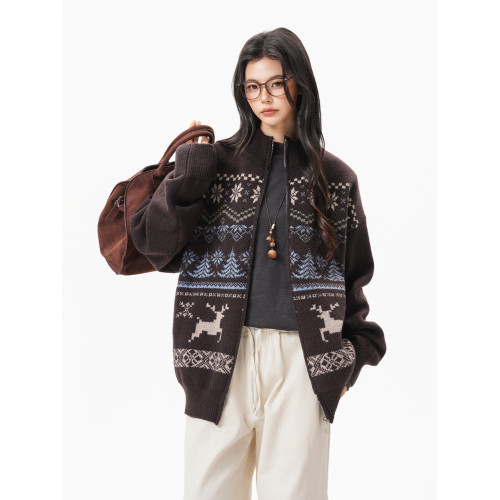 費爾島提花開衫毛衣女男秋冬季復古撞色拉鍊針織衫松弛感休閒外套