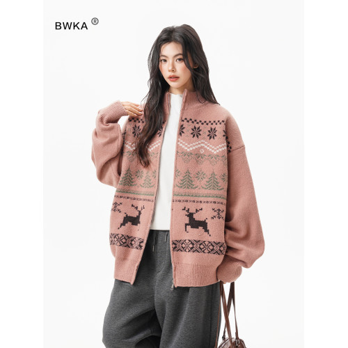 費爾島提花開衫毛衣女男秋冬季復古撞色拉鍊針織衫松弛感休閒外套