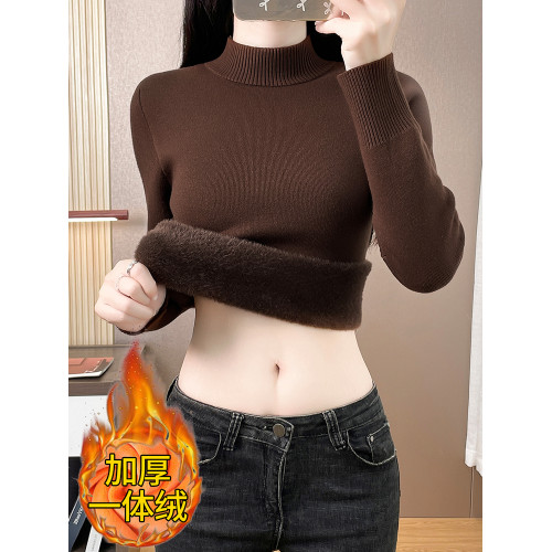 加絨毛衣女秋冬一體絨加厚針織打底衫半高領套頭內搭大碼保暖上衣