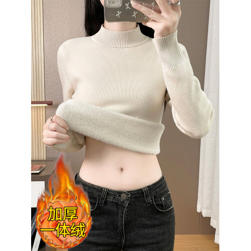 加絨毛衣女秋冬一體絨加厚針織打底衫半高領套頭內搭大碼保暖上衣