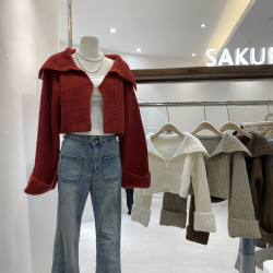 2025年秋季新款韓版時尚設計感翻領拉鍊針織開衫女短款毛衣外套