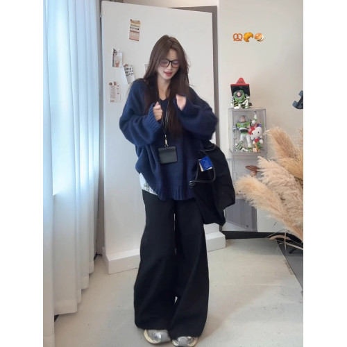 國潮牌v領毛衣女秋冬寬松慵懶風軟糯溫柔別致休閒百搭針織衫上衣