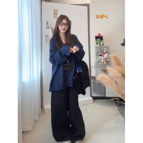 國潮牌v領毛衣女秋冬寬松慵懶風軟糯溫柔別致休閒百搭針織衫上衣