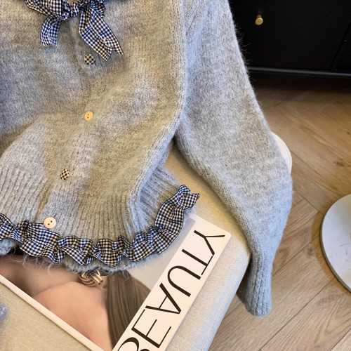 韓系法式chic荷葉邊格子蝴蝶結毛衣開衫男女別致針織衫高級感上衣