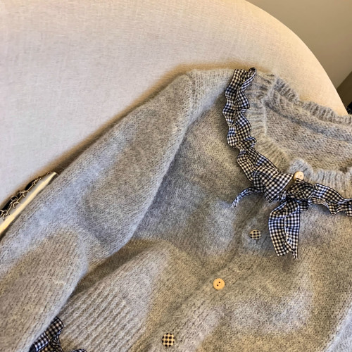 韓系法式chic荷葉邊格子蝴蝶結毛衣開衫男女別致針織衫高級感上衣