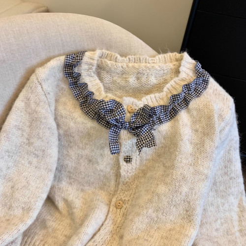 韓系法式chic荷葉邊格子蝴蝶結毛衣開衫男女別致針織衫高級感上衣