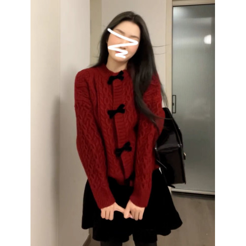 紅色蝴蝶結毛衣女秋冬季新年毛衣過年穿搭慵懶針織開衫外套高級感