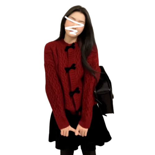 紅色蝴蝶結毛衣女秋冬季新年毛衣過年穿搭慵懶針織開衫外套高級感