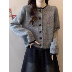 毛衣外套女2025春秋新款設計感拼色愛心紐釦針織開衫短款長袖上衣