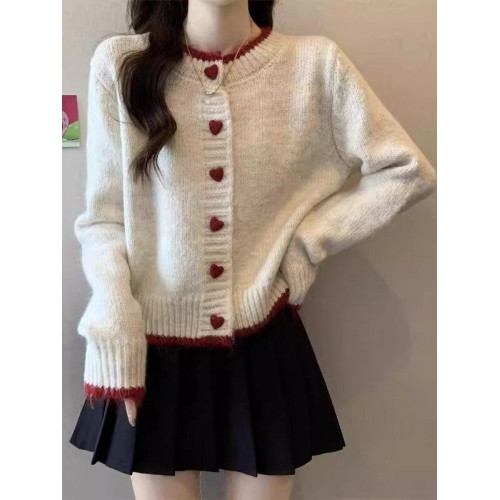 毛衣外套女2025春秋新款設計感拼色愛心紐釦針織開衫短款長袖上衣