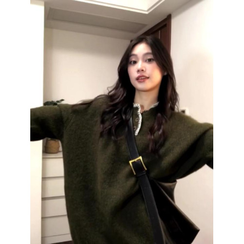 美式復古設計休閒亨利領針織衫毛衣女寬松秋冬季情侶慵懶套頭上衣