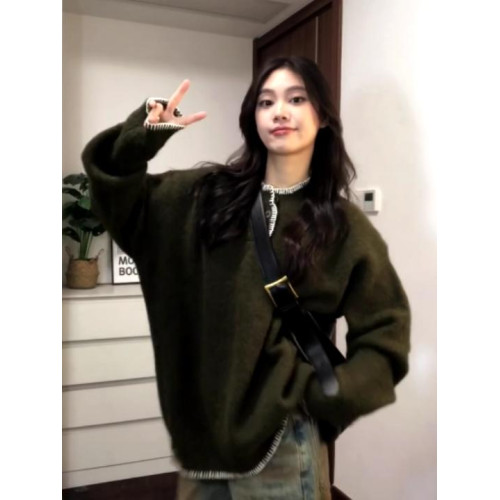 美式復古設計休閒亨利領針織衫毛衣女寬松秋冬季情侶慵懶套頭上衣