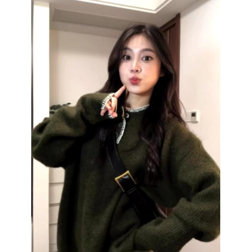 美式復古設計休閒亨利領針織衫毛衣女寬松秋冬季情侶慵懶套頭上衣