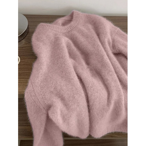 奶藍色毛衣女秋冬加厚內搭小個子圓領軟糯慵懶風寬松羊毛針織上衣