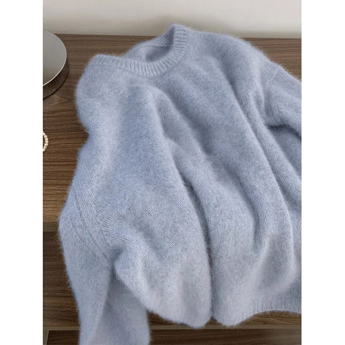 奶藍色毛衣女秋冬加厚內搭小個子圓領軟糯慵懶風寬松羊毛針織上衣