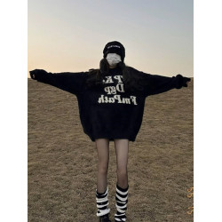 美式復古慵懶黑色馬海毛毛衣女秋冬加厚軟糯中長款高級感針織上衣