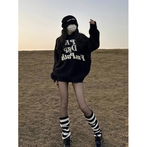 美式復古慵懶黑色馬海毛毛衣女秋冬加厚軟糯中長款高級感針織上衣