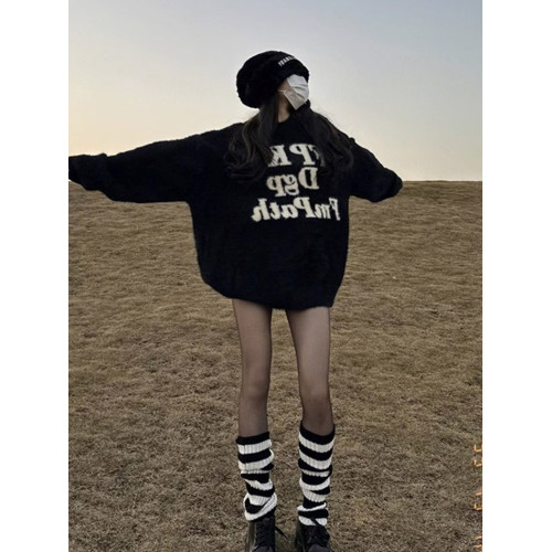 美式復古慵懶黑色馬海毛毛衣女秋冬加厚軟糯中長款高級感針織上衣