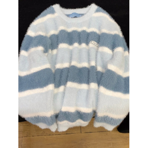 日系學院風撞色條紋馬海毛毛衣女溫柔風小衆軟糯系減齡針織衫上衣