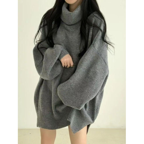 暗黑系高領設計感中長款毛衣女秋冬新款寬松顯瘦開叉上衣保暖外套