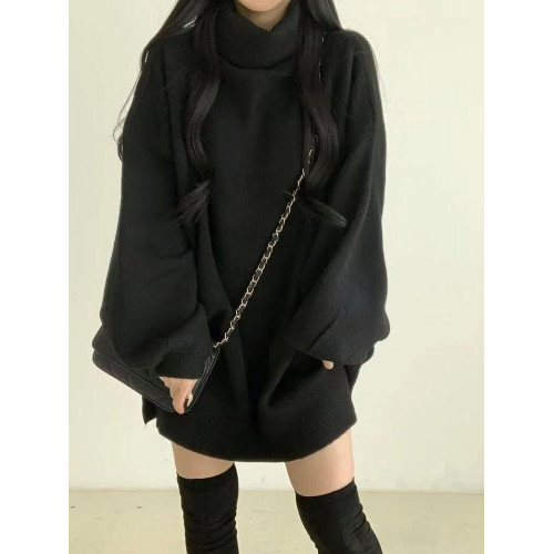 暗黑系高領設計感中長款毛衣女秋冬新款寬松顯瘦開叉上衣保暖外套