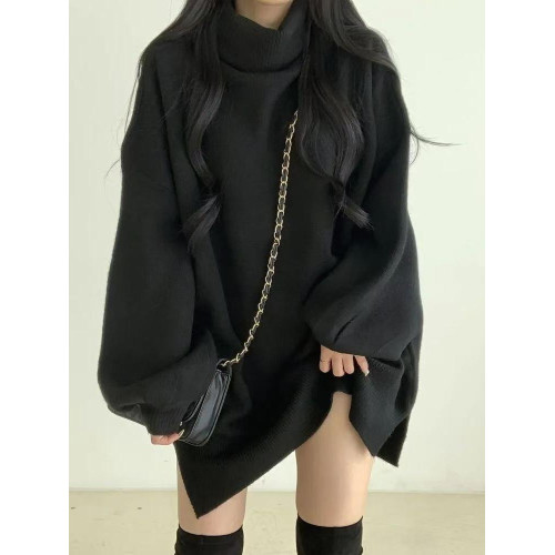 暗黑系高領設計感中長款毛衣女秋冬新款寬松顯瘦開叉上衣保暖外套
