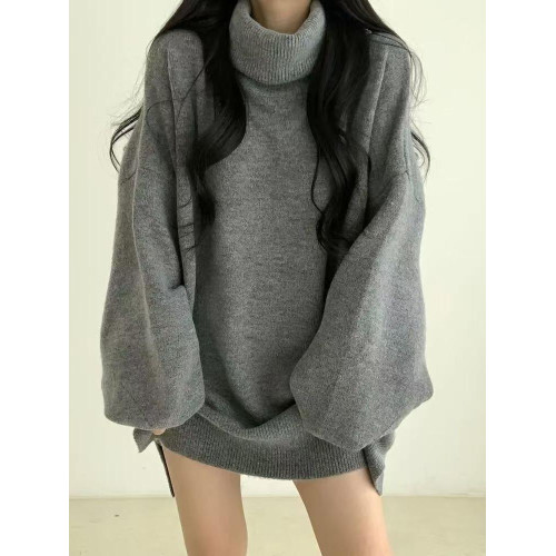 暗黑系高領設計感中長款毛衣女秋冬新款寬松顯瘦開叉上衣保暖外套