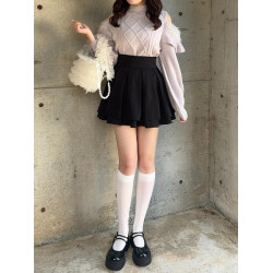 GRL新款日系甜美小高領毛絨露肩荷葉邊菱形格紋日單針織上衣tt012