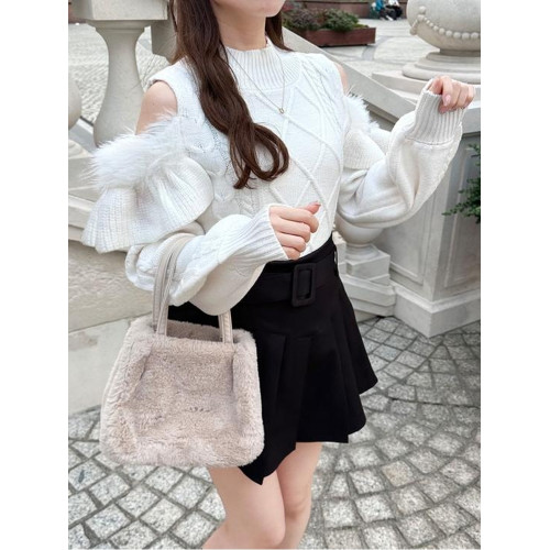 GRL新款日系甜美小高領毛絨露肩荷葉邊菱形格紋日單針織上衣tt012