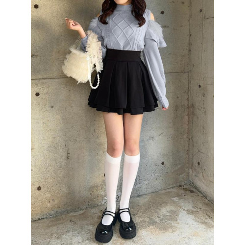 GRL新款日系甜美小高領毛絨露肩荷葉邊菱形格紋日單針織上衣tt012