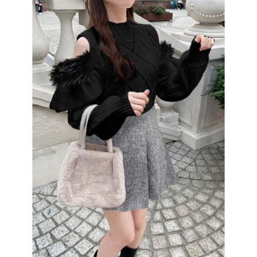 GRL新款日系甜美小高領毛絨露肩荷葉邊菱形格紋日單針織上衣tt012