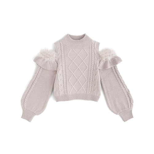 GRL新款日系甜美小高領毛絨露肩荷葉邊菱形格紋日單針織上衣tt012