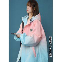 紥染漸變色沖鋒衣外套女春季胖mm學生大碼寬松拼色連帽棒球服夾克