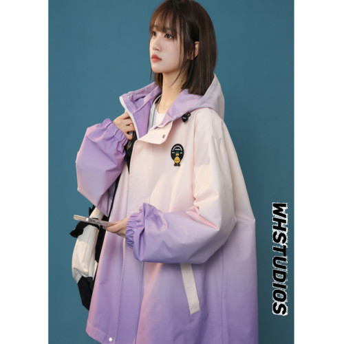 紥染漸變色沖鋒衣外套女春季胖mm學生大碼寬松拼色連帽棒球服夾克 紥染漸變色沖鋒衣外套女春季胖mm學生大碼寬松拼色連帽棒球服夾克