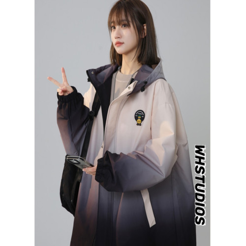 紥染漸變色沖鋒衣外套女春季胖mm學生大碼寬松拼色連帽棒球服夾克 紥染漸變色沖鋒衣外套女春季胖mm學生大碼寬松拼色連帽棒球服夾克