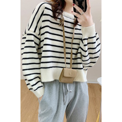 網紅條紋毛衣女慵懶風設計感小衆上衣日系休閒寬松短款圓領針織衫