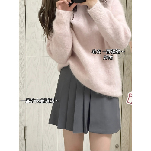 粉色馬海毛針織衫套頭毛衣女秋冬奶乖慵懶風軟糯可愛內搭圓領上衣