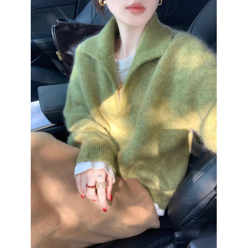 歐貨老錢風綠色v領馬海毛毛衣女秋冬慵懶高級感加厚翻領針織上衣