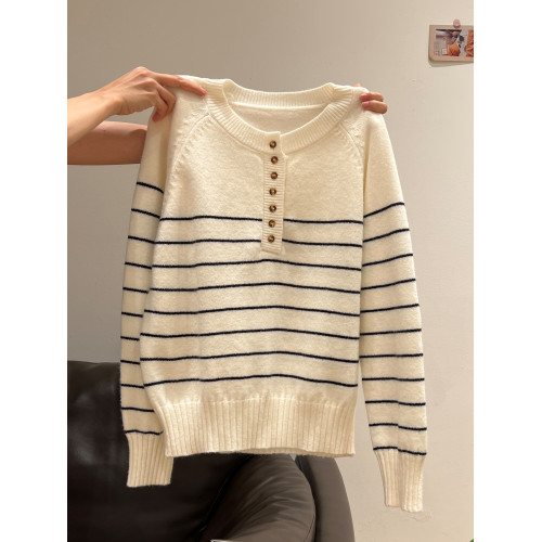 條紋半開領針織衫加厚套頭毛衣外套2025秋冬季寬松設計感長袖上衣