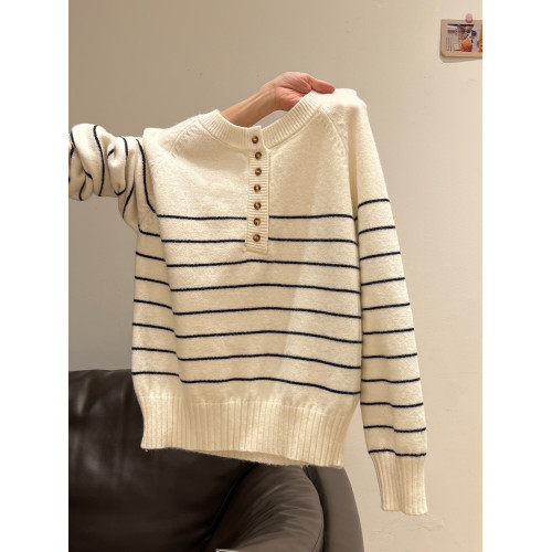 條紋半開領針織衫加厚套頭毛衣外套2025秋冬季寬松設計感長袖上衣