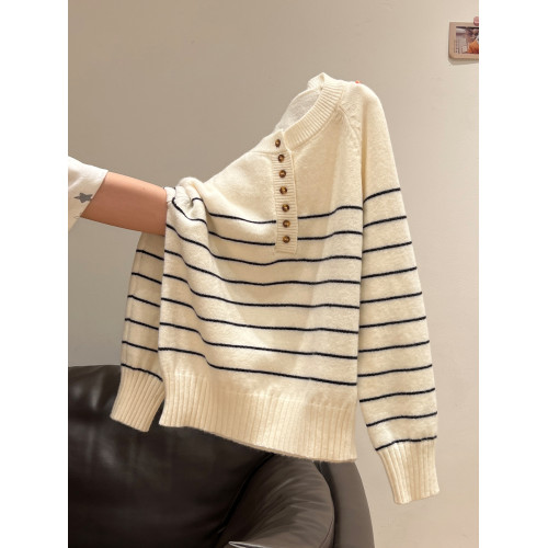 條紋半開領針織衫加厚套頭毛衣外套2025秋冬季寬松設計感長袖上衣