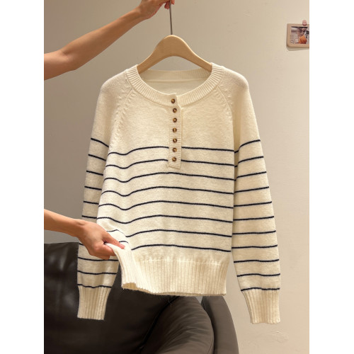 條紋半開領針織衫加厚套頭毛衣外套2025秋冬季寬松設計感長袖上衣