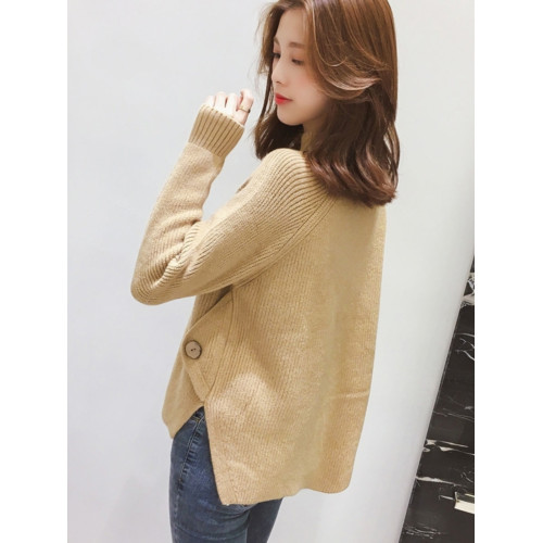 慵懶風半高領羊毛衫女厚2025年秋冬百搭紐釦開叉針織寬松打底衫潮