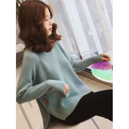 慵懶風半高領羊毛衫女厚2025年秋冬百搭紐釦開叉針織寬松打底衫潮