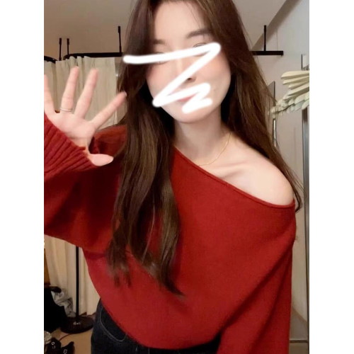 一字肩紅色針織毛衣女2025新款聖誕穿搭獨特超好看秋冬季露肩上衣