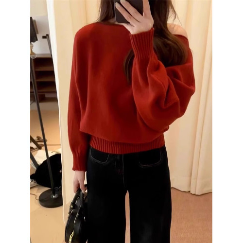 一字肩紅色針織毛衣女2025新款聖誕穿搭獨特超好看秋冬季露肩上衣